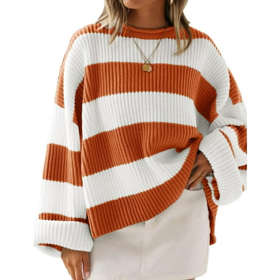 2025 Autumn Winter Round Neck Long Sleeve Striped Knit Sweater Women'S Loose Fit Flared Sleeve Jumper