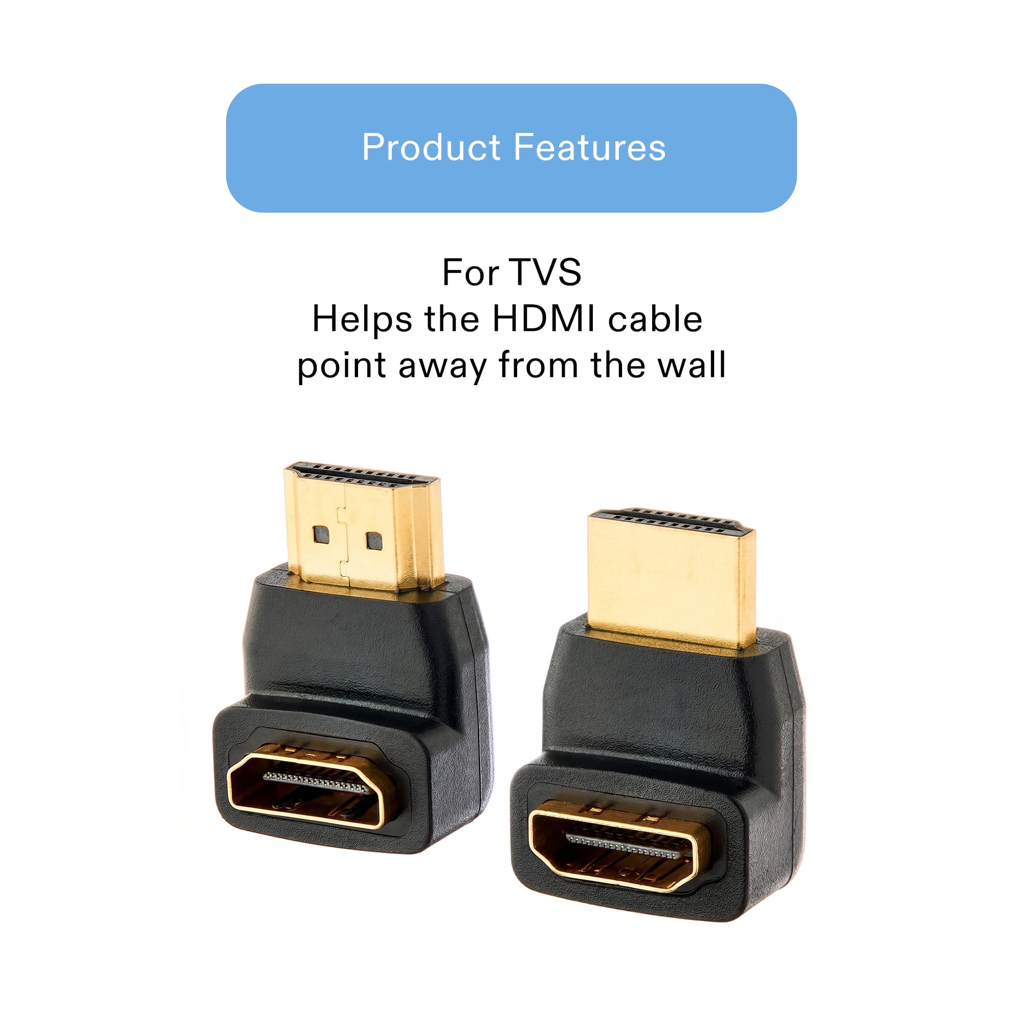 onn. HDMI Right Angle Adapter, 90° & 270° Male-to-Female HDMI Connectors, 4K -  60Hz, 18 Gbps, 2 Pack, Gold-Plated