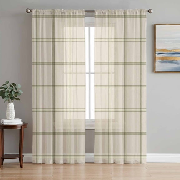 Beige Plaid Sheer Curtains 96 Inch Length 2 Panels Set, Vintage Grid Stripe Minimalist Art Linen Voile Window Treatment Semi Sheer Long Curtains Drapes for Bedroom/Living Room/Kitchen 52"x96"x2