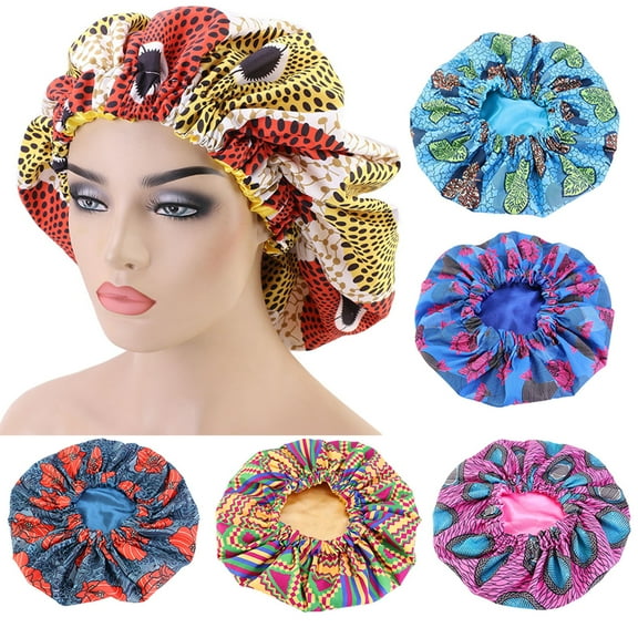 Walbest African Style Floral Print Bonnet Sleep Cap for Women, Satin Polyester Comfortable Hair Care Hairdressing Cap Hat