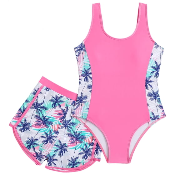 ZXLBBD Girls Swimsuit Big Kids Summer Tropical Print Sleeveless Tankini Top and Shorts Stretch Fit 2 Piece Swimsuit Casual Beach Pool,Pink,12 Y-13 Y