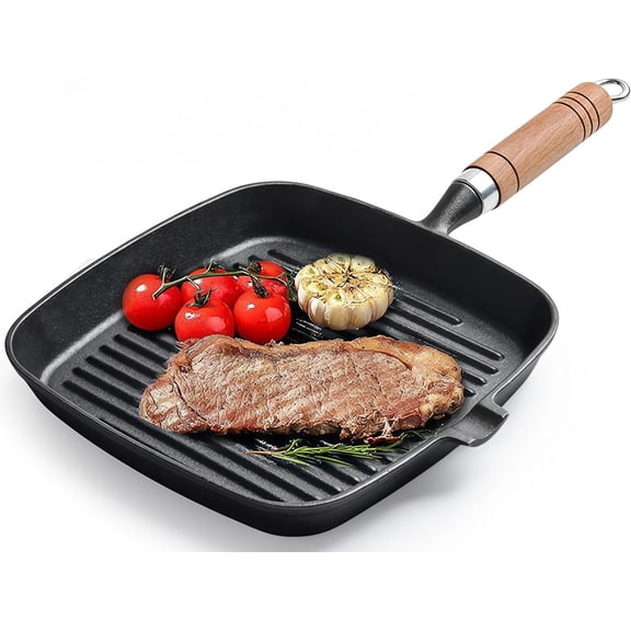 Cast Iron Grill Pan for Stove Top 8.6 Inch Square Griddle Pan and Grill Skillet for Searing Steak Indoor Grill Pan for Stove with Wooden Handle Black