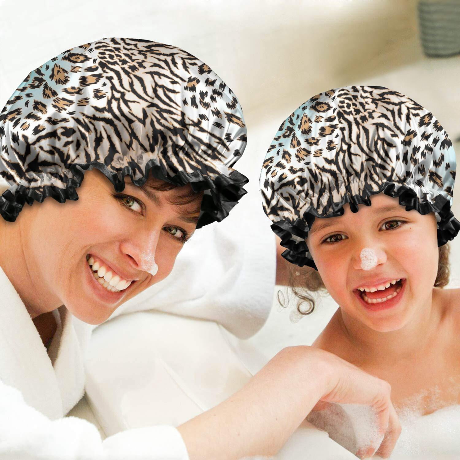 Shower Caps,Leopard and Tiger Pattern Waterproof Shower Cap for Women 4 Pieces,Double Reusable Hair Cover for Shower PEVA Elastic Stretch Hem