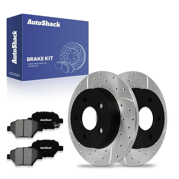 AutoShack 10.62" (269.7 mm) Rear Solid Drilled & Slotted Brake Rotors E-Coated   Premium Ceramic Brake Pads | Replacement for 2004-2012 Chevrolet Malibu | 6-PC Brake Kit | ShadowGuard