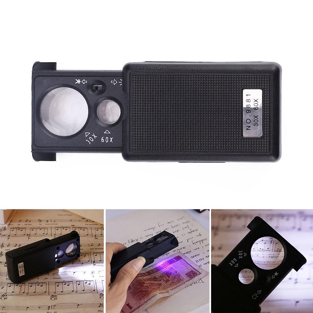 Details about   30X 60x Magnifying Glass Pocket Magnifier Lighted UV Jeweler Loupe coins stamp 