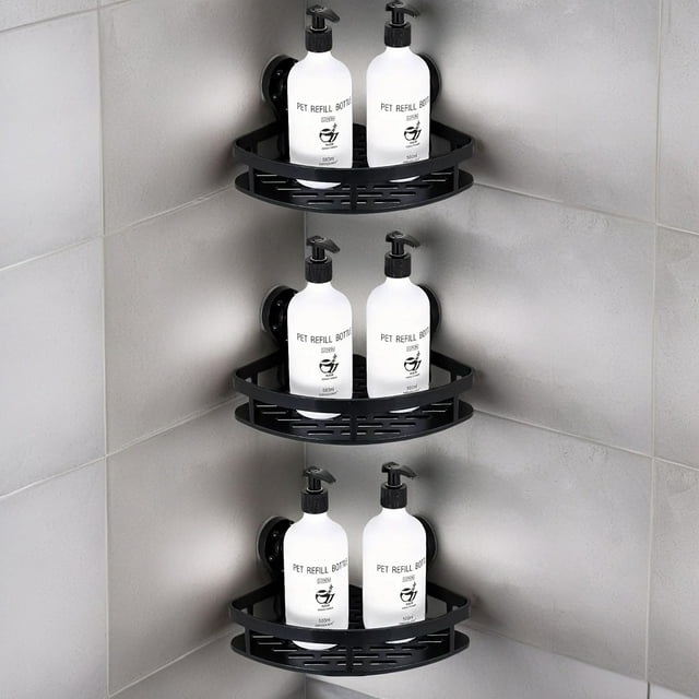 Suction Cup Shower Shelf (2-Tier & 3-Tier), Black Triangular Corner Bathroom Rack, No-Drill, Rustproof, Holds up to 10kg (3-Tier))