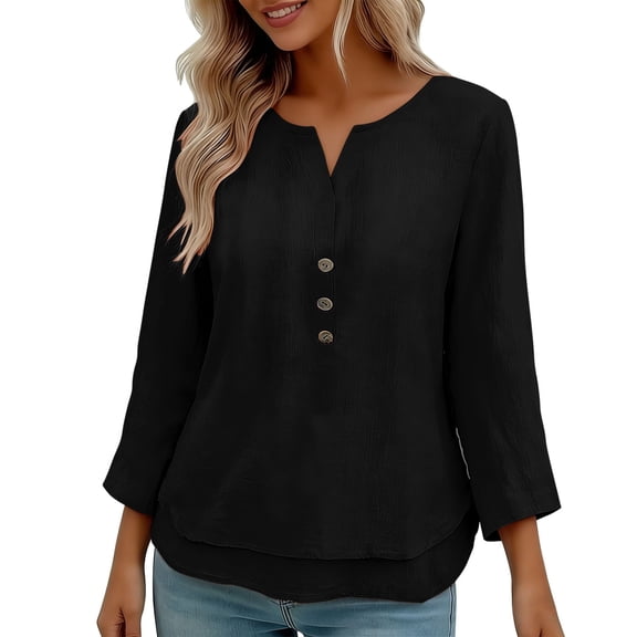 Sexlip Womens Henley Blouse 3/4 Sleeve Button Placket Design Soft Fabric Relaxed Silhouette for Daily Wear Black M