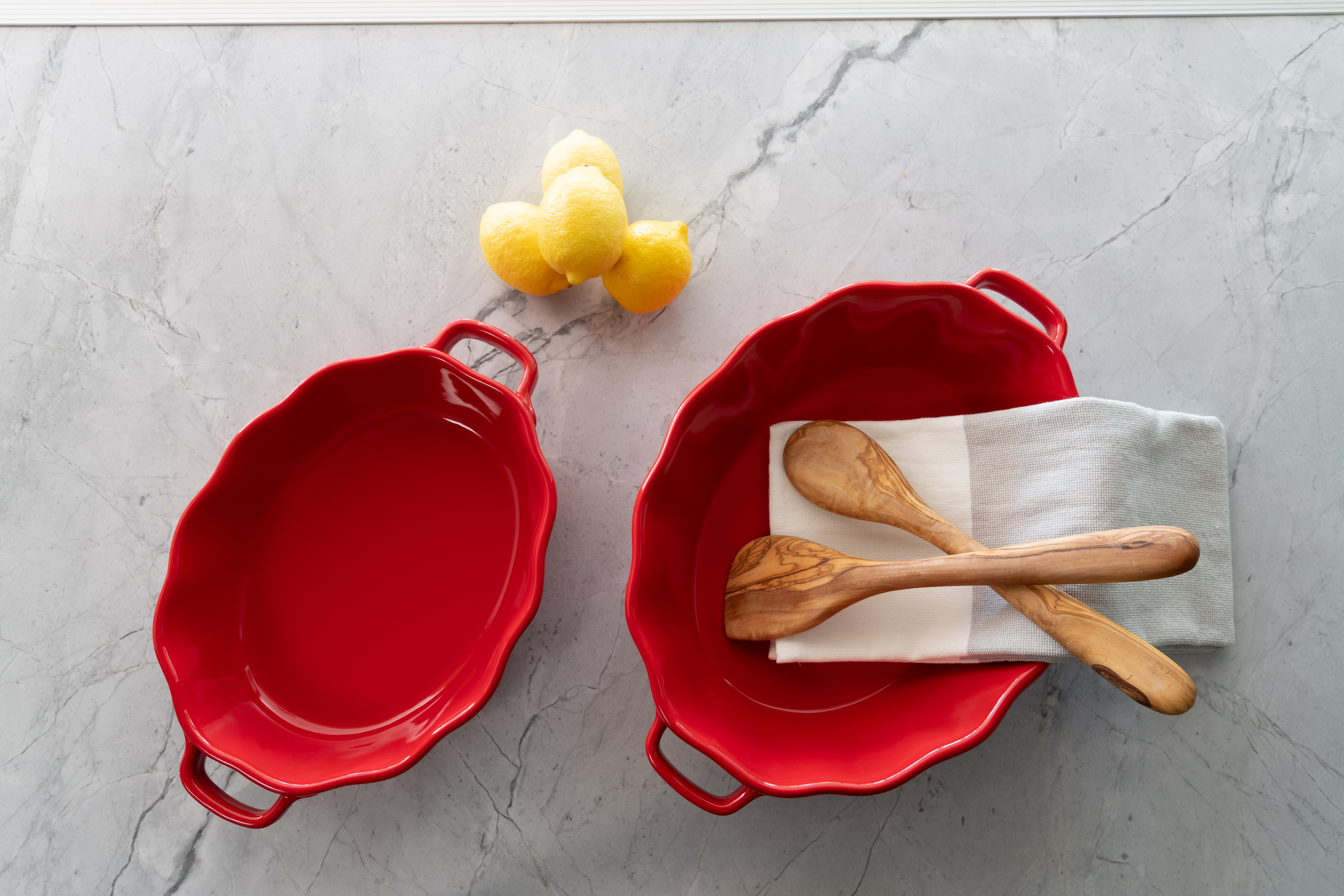 10 Strawberry Street Ruffled Oval Ceramic Bakers Set of 2, Red