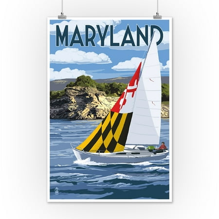 Maryland - Sloop Sailboat & Lake - Lantern Press Artwork (12x18 Art Print, Wall Decor Travel Poster)