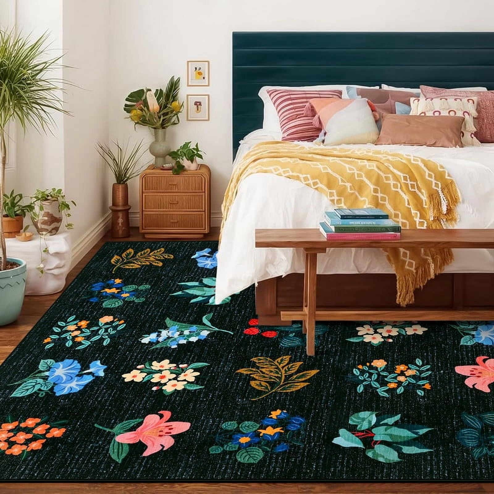 Jamfeel Rugs for Living Room Classic Boho Floral Print Floor Carpets Soft Low Pile Non-slip Washable Area Rug 4'x6' Blue