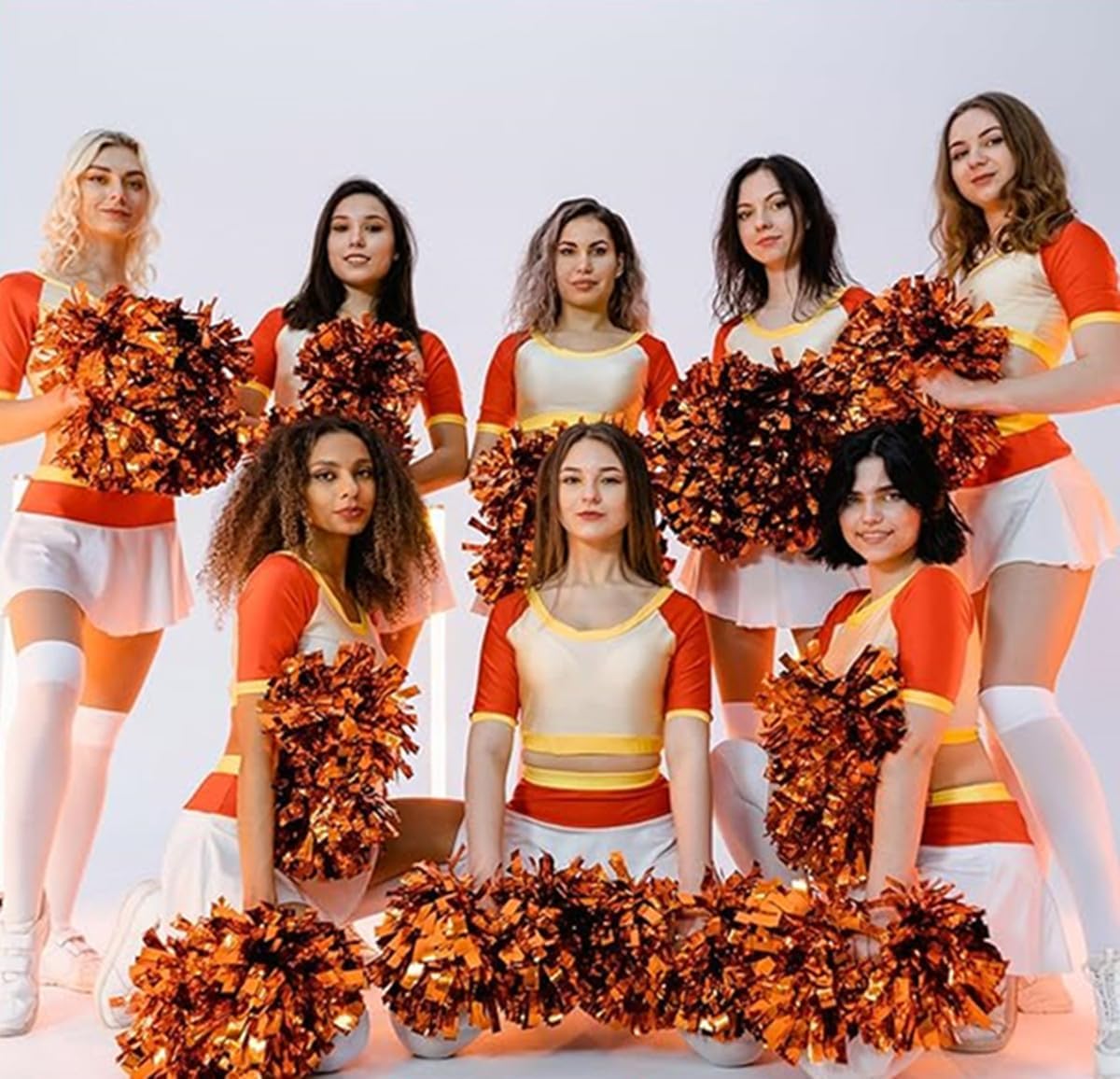 EONQY 8 Pcs Cheerleading Pom Poms Cheerleader Squad Spirited Fun Pompoms 10 Inch Metallic Foil Cheer Pom Poms with Handle Flowers for Sport Team Dance Party