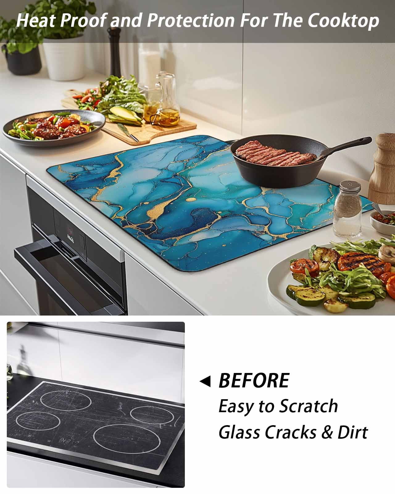 Stove Top Covers for Electric Stove, Modern Turquoise Glass Stovetop Cover Protector, Abstract Teal Gold Marble Textured Induction Cooktop Protector Oven Mat for Kitchen Countertop 24"x21"