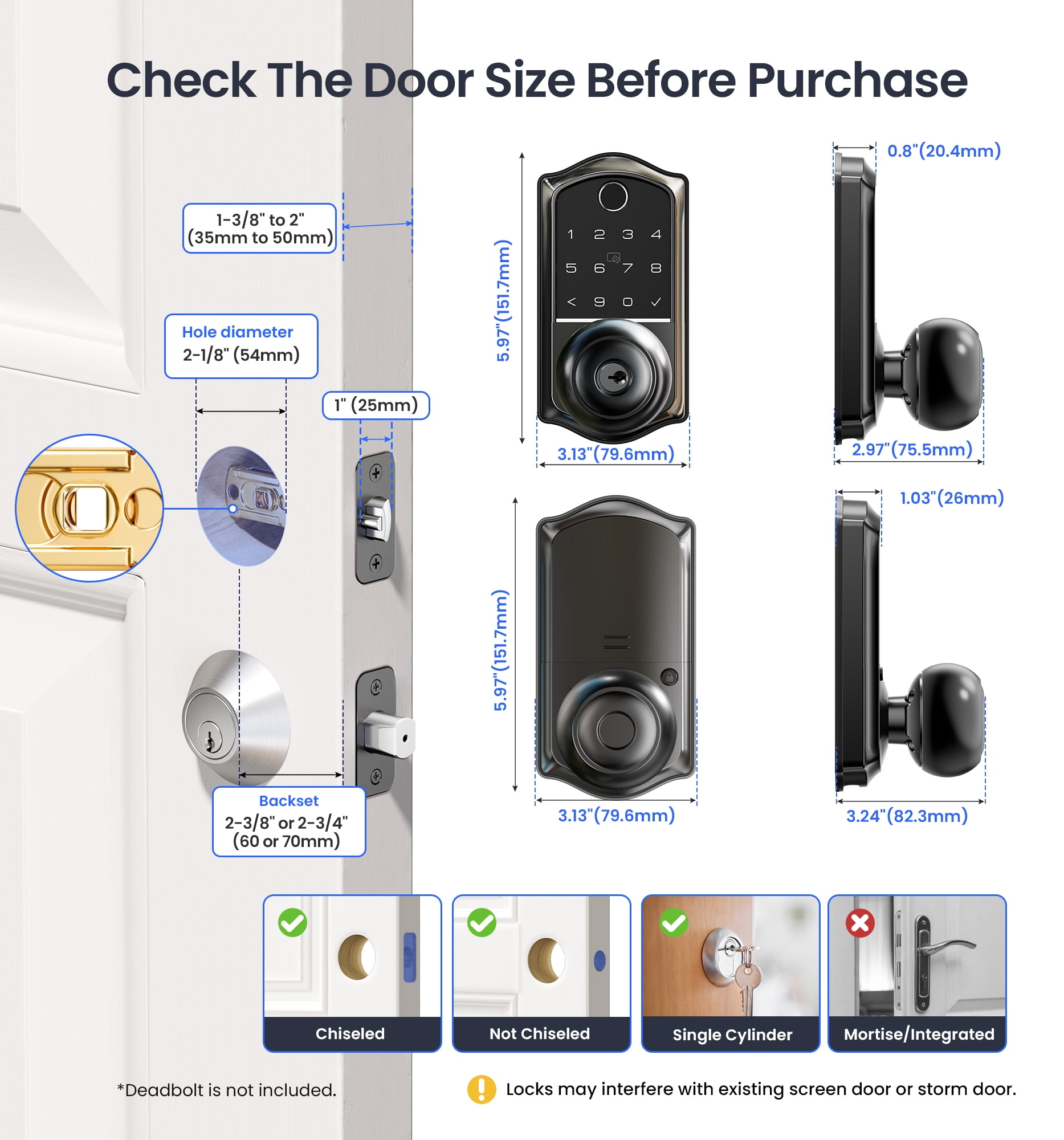 Veise Fingerprint Smart Knob Handle Lock, Keyless Entry, App Control, Electronic Digital Keypad, Auto Lock, Matte Black