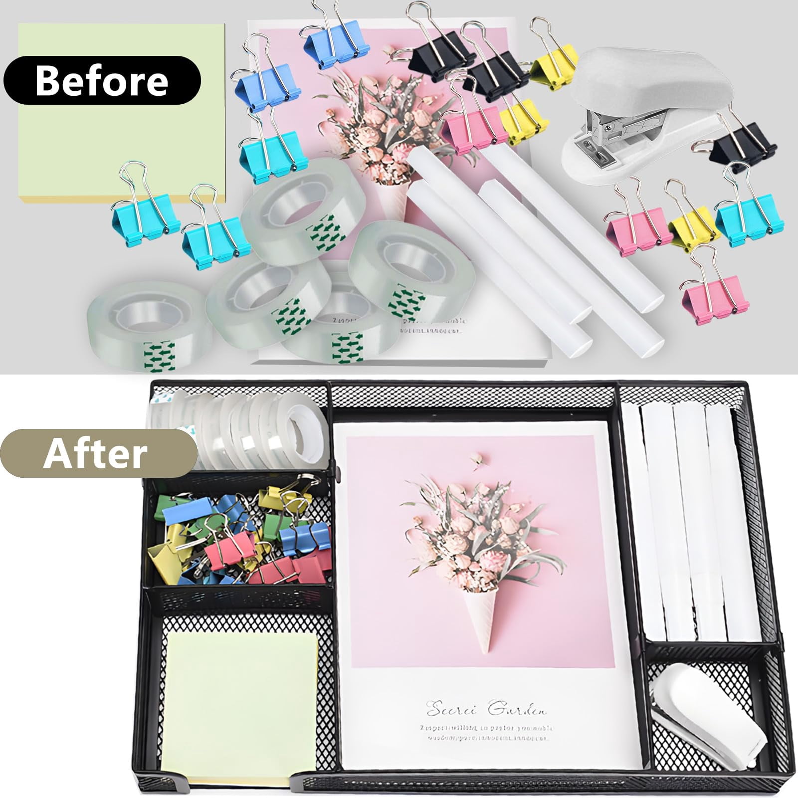 Black Office Desk Accessories  Supplies Set Drawer Organizer Stapler And Tape Dispenser Staple Remover Staples Paper Clips Scissor Sticky Note