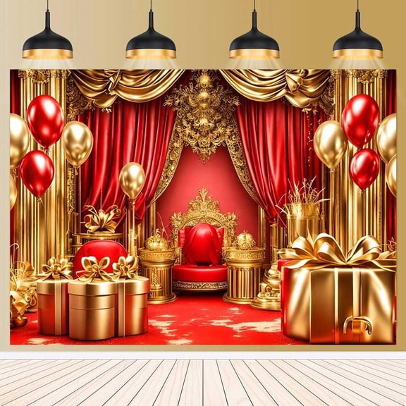 Red Royal Chair Birthday Backdrop Red and Gold Palace Wedding Ceremony Background Crown Flowers Heels Birthday Party Decorations Banner Supplies Photo Booth Props