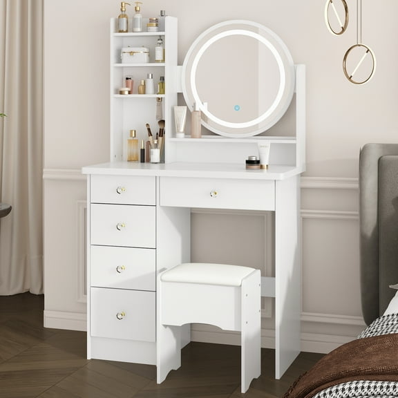 MONSLIPA Makeup Vanity Dressing Table w/Drawers and Shelves, Sturdy Vanity Set w/Lighted Mirror, White Dresser Desk & Cushioned Stool
