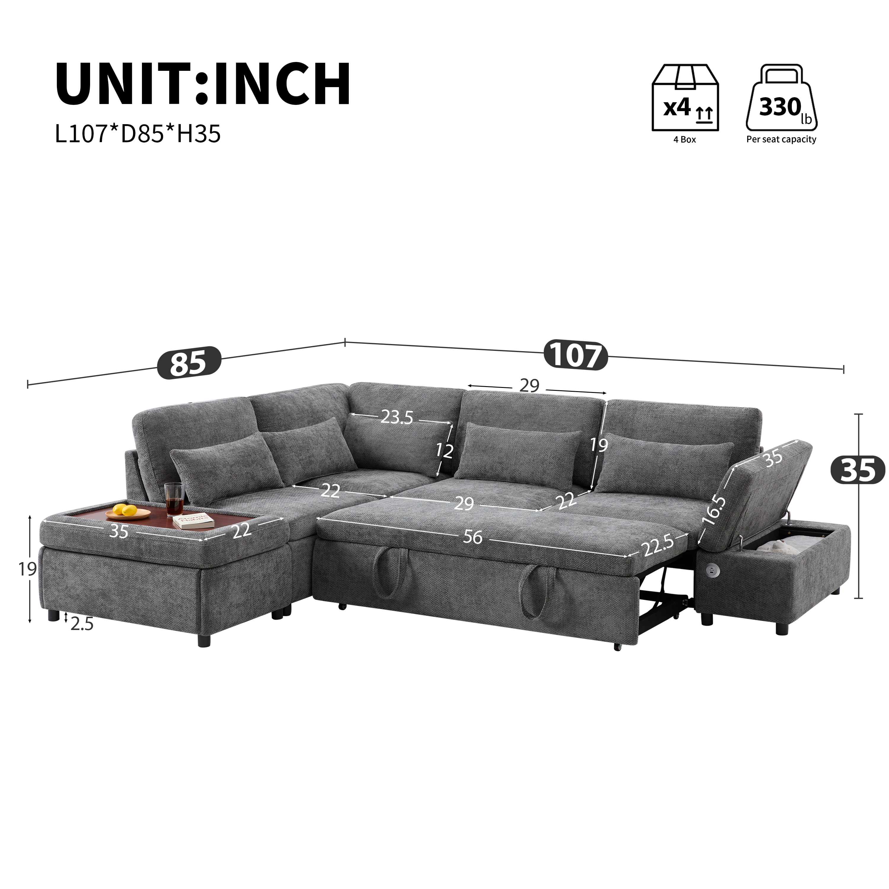 AISWORD 5 Seat L-Shaped Modular Sectional Sleeper Sofa, Pull Out Bed, Multi Storage Chaise, USB Port, Chenille Gray