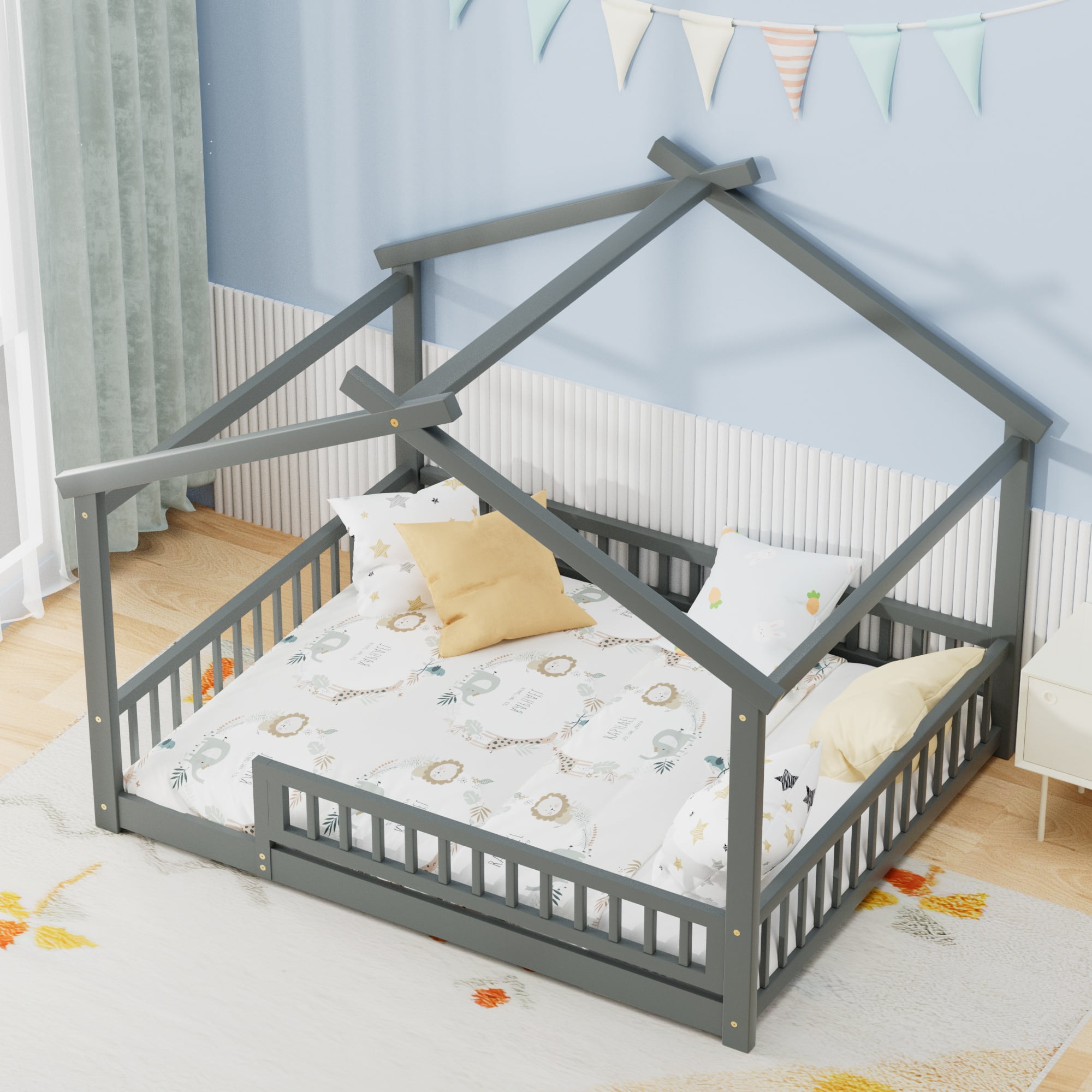 Full Floor Bed with Fence, Solid Wood House Bed with Roof, Montessori Bed Frame Playhouse Bed for Girls and Boys Bedroom, Easy Assembly, Gray