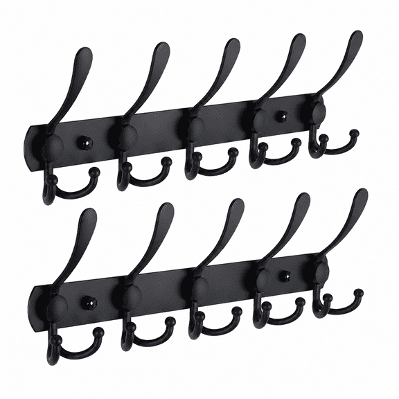 5 Tri Hooks Wall Mounted Coat Rack, Heavy Duty Stainless Steel Coat Hook Rail for Entryway Bathroom, Black, 2 Packs