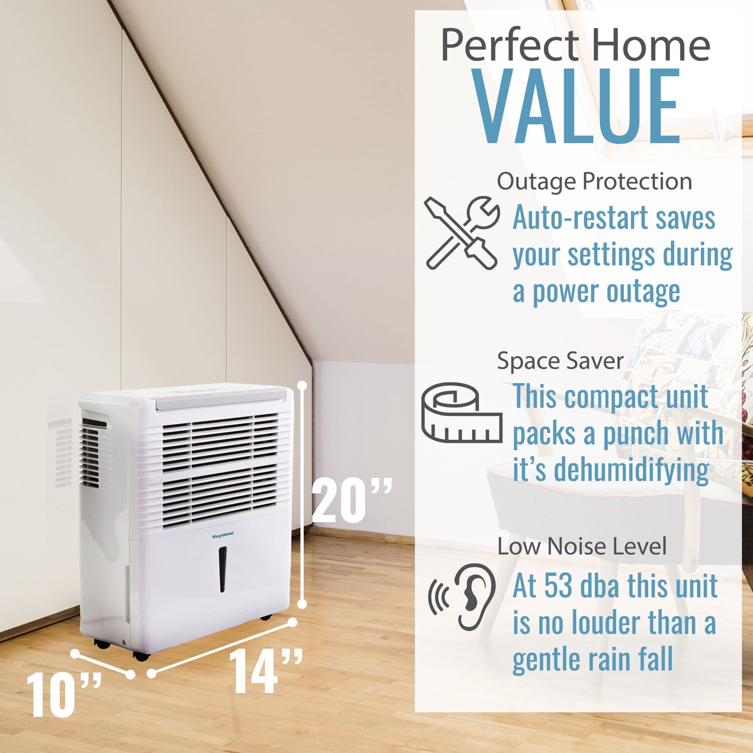 Keystone 22 Pt 1,500 Sq ft Dehumidifier in White, Energy Efficient, Bucket Full Indicator, KSTAD224D