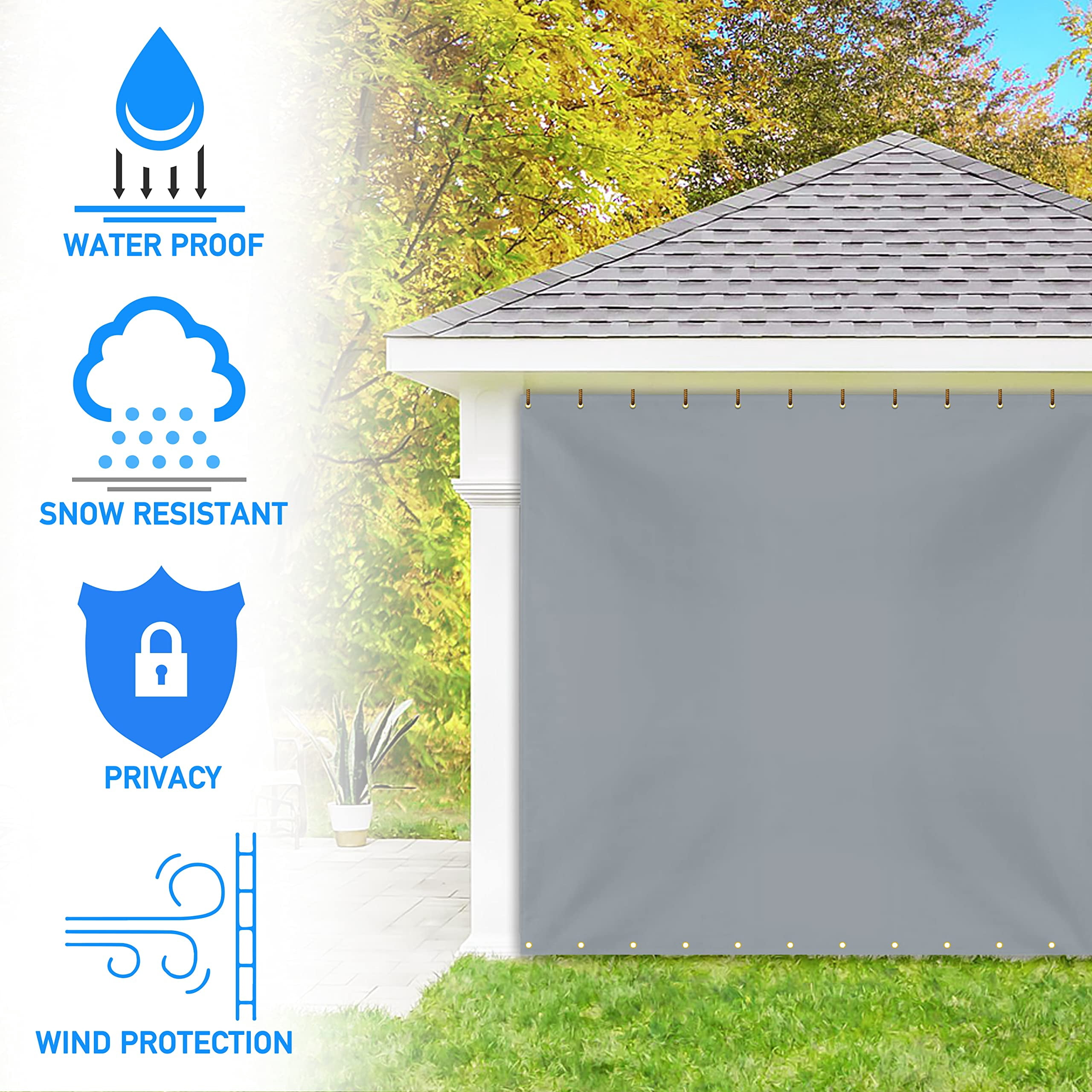 Outdoor Vinyl Curtain for Patio Furniture 18 Oz - Weather Resistant Patio Blackout Drapes for Dining Room Window - with Rustproof Grommets - for Pergola, Porch, Gazebos (8'H x 9'W, Grey)