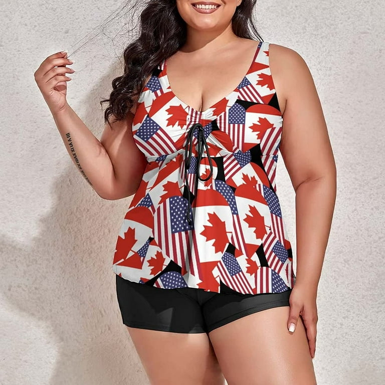 Canadian American Flag Heart Plus Size Swimsuit for Women Two Piece Bathing  Suit Printed Swimwear 