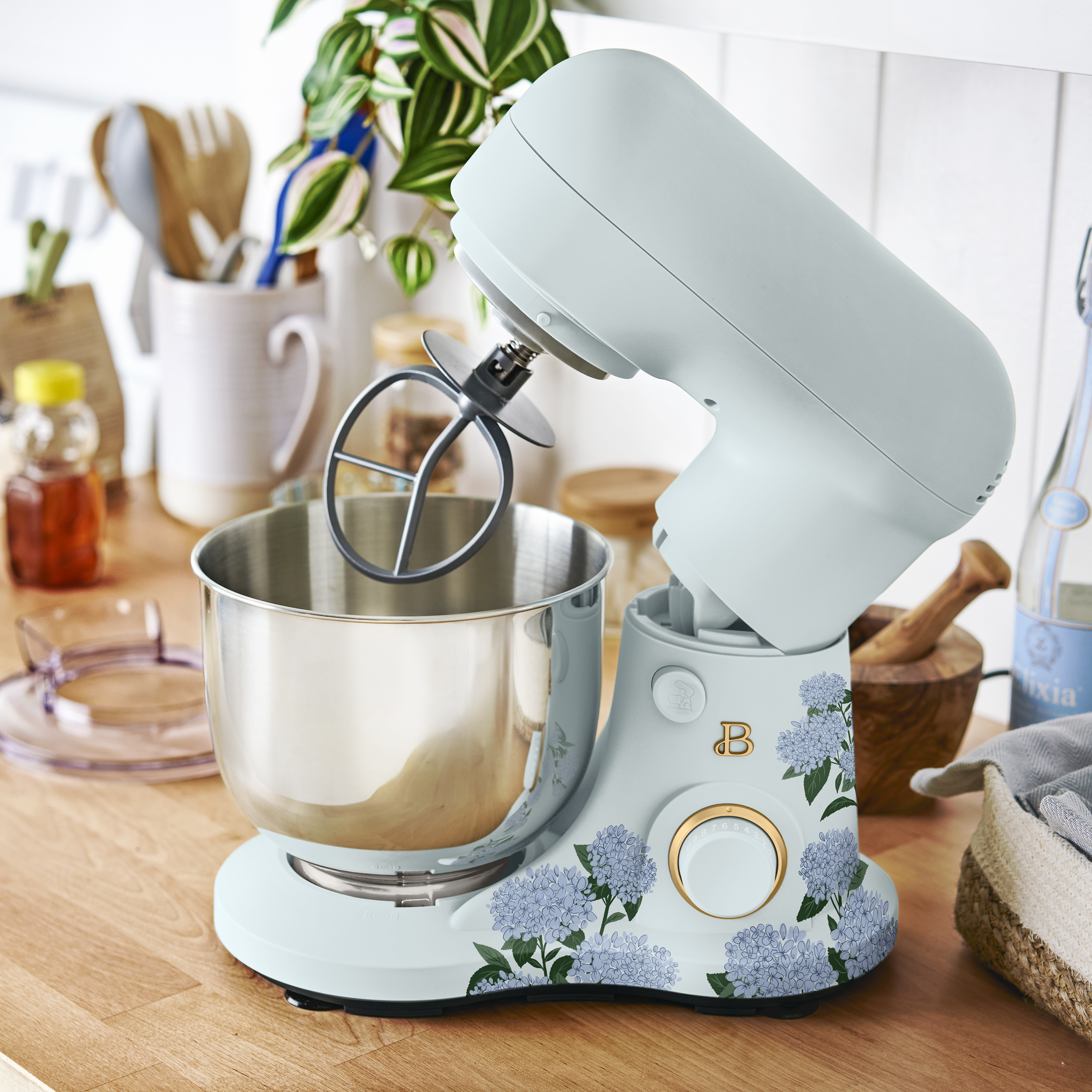 Beautiful 3.5 Qt Tilt-Head Stand Mixer with Flat Beater, Dough Hook & Balloon Whisk, Hydrangea Floral by Drew Barrymore