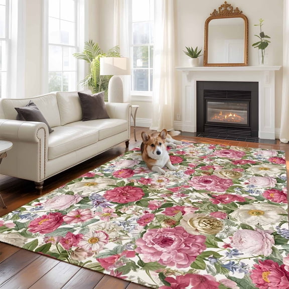 Spring Flowers Large Area Rugs 8x10 ft Watercolor Country Yellow Pink White Floral Green Leaf Washable Rug Non Slip Indoor Carpet Absorbent Floor Mat for Living Room Bedroom Dining Room