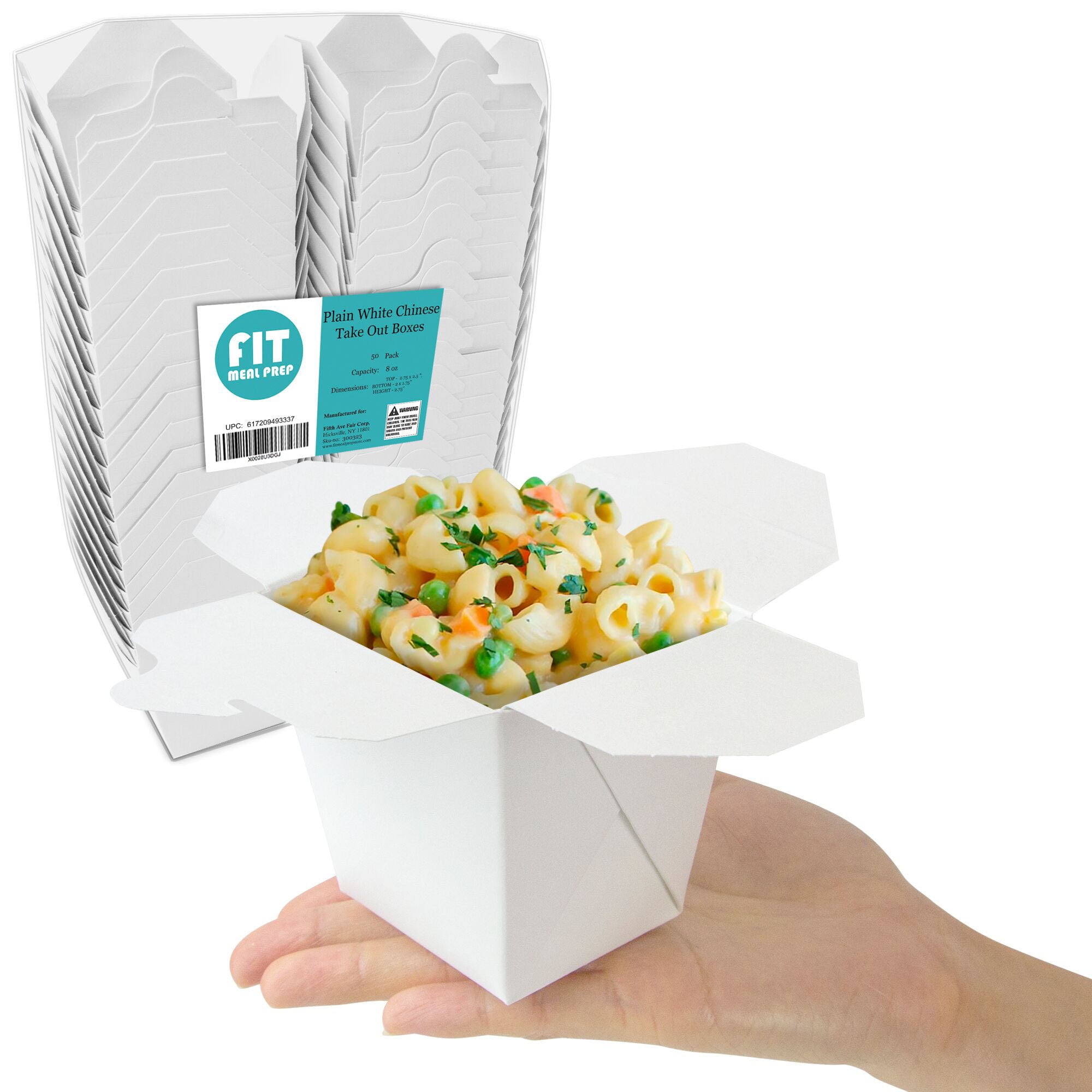 [50 Pack] 8 oz Chinese Take Out Boxes 2.75x2.5” Plain White Paperboard Food Containers, Leak