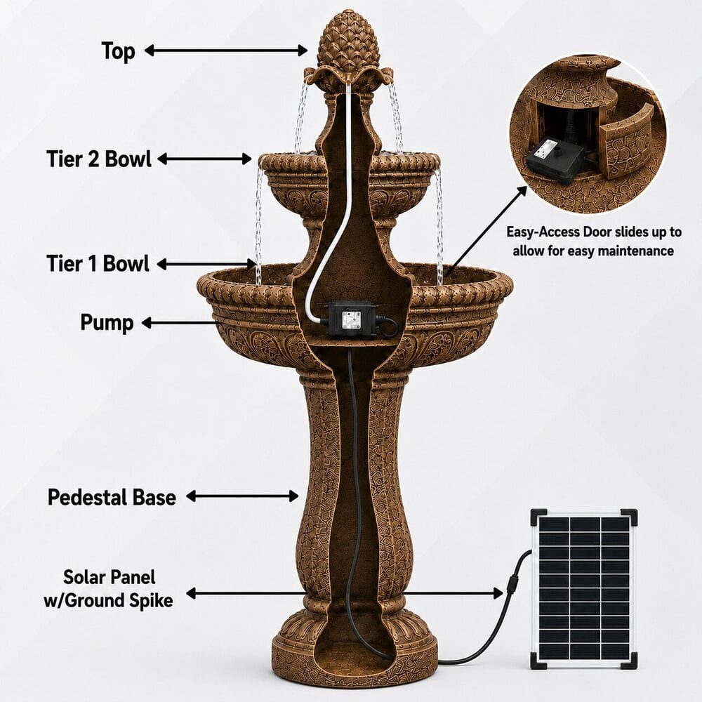 XBrand 39" 2-Tier Outdoor Freestanding Solar Water Fountain - Classic Design, Sand Stone Resin Bird Bath with Pump
