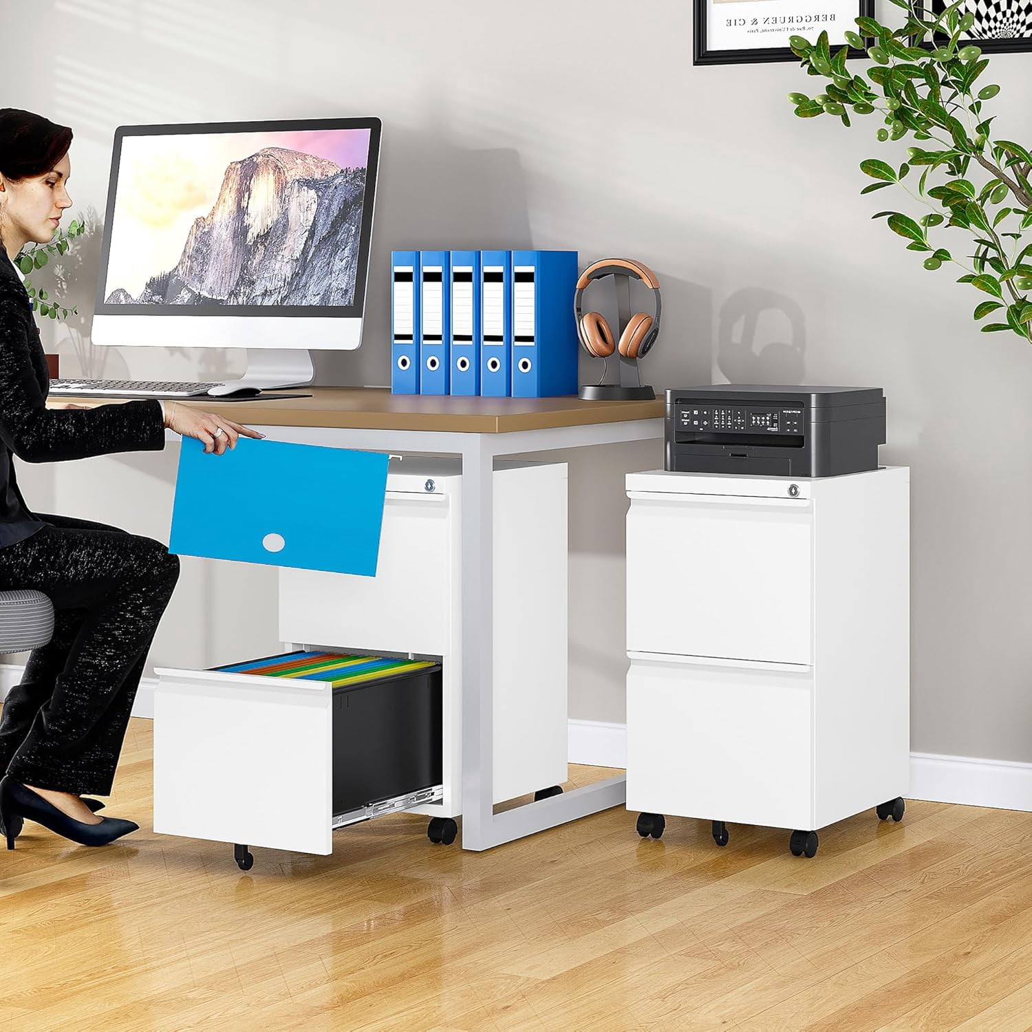 HZshop 2 Drawer File Cabinet with Lock and Wheels,White Rolling File Cabinets,Locking Mobile Metal Filing Cabinet for Home Office,Under Desk,Fit A4/Letter/Legal File, Easy Assembly