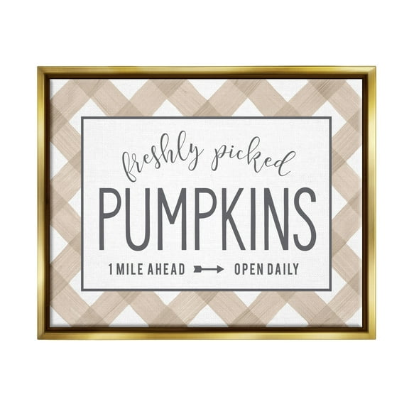 Stupell Industries Freshly Picked Pumpkins Country Farm Plaid Sign Graphic Art Metallic Gold Floating Framed Canvas Print Wall Art, Design by Lettered and Lined