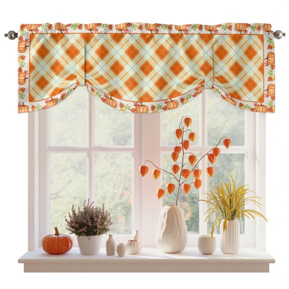 Lattice Pumpkins Fall Tie Up Valance Curtains for Windows, Kitchen Curtains Window Treatments, Thanksgiving Botanical Farmhouse Short Window Shades Valances for Bedroom Bathroom Cafe 54"x18"