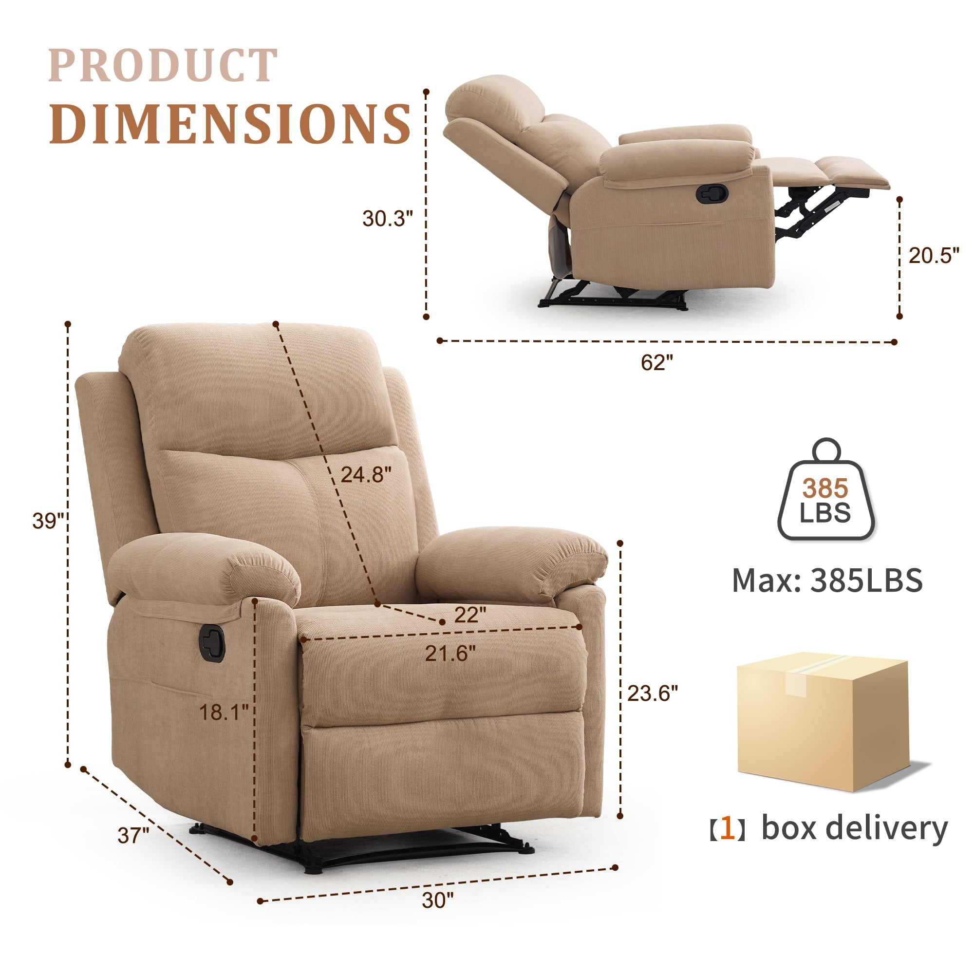 Korser Manual Small Recliner Chair for Small Spaces for Living Room,Corduroy,Khaki