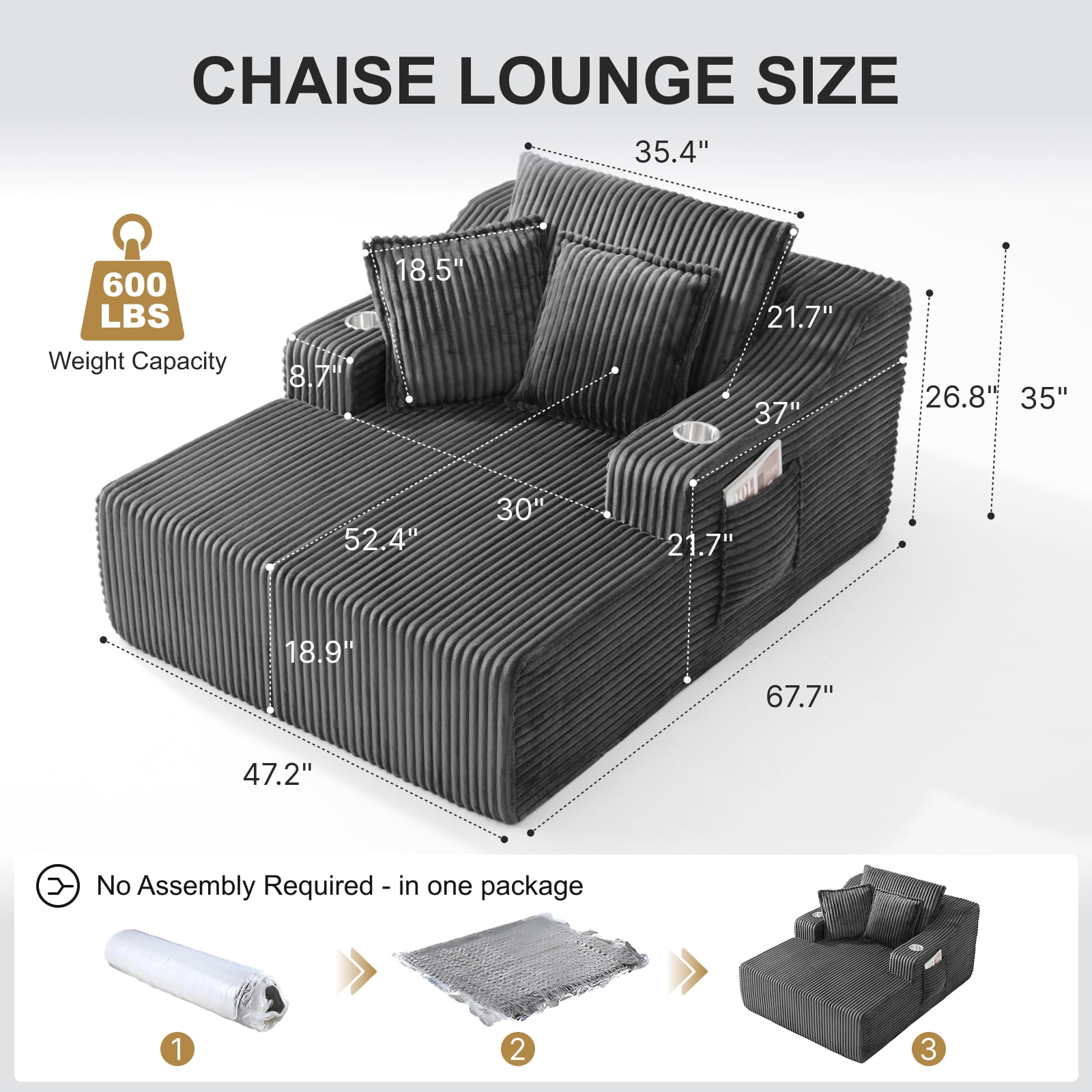 47" Wide Oversized Single Chaise Lounge Chair, 67'' Sleeper Sofa Bed with Cup Holders & 3 Pillows