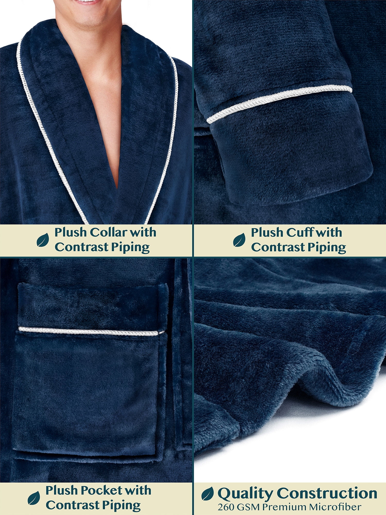 Mens Soft Robe, Plush Warm Bathrobe for Men, Long Spa Robe with Shawl Collar, Pockets, Trim Piping (Navy Blue)