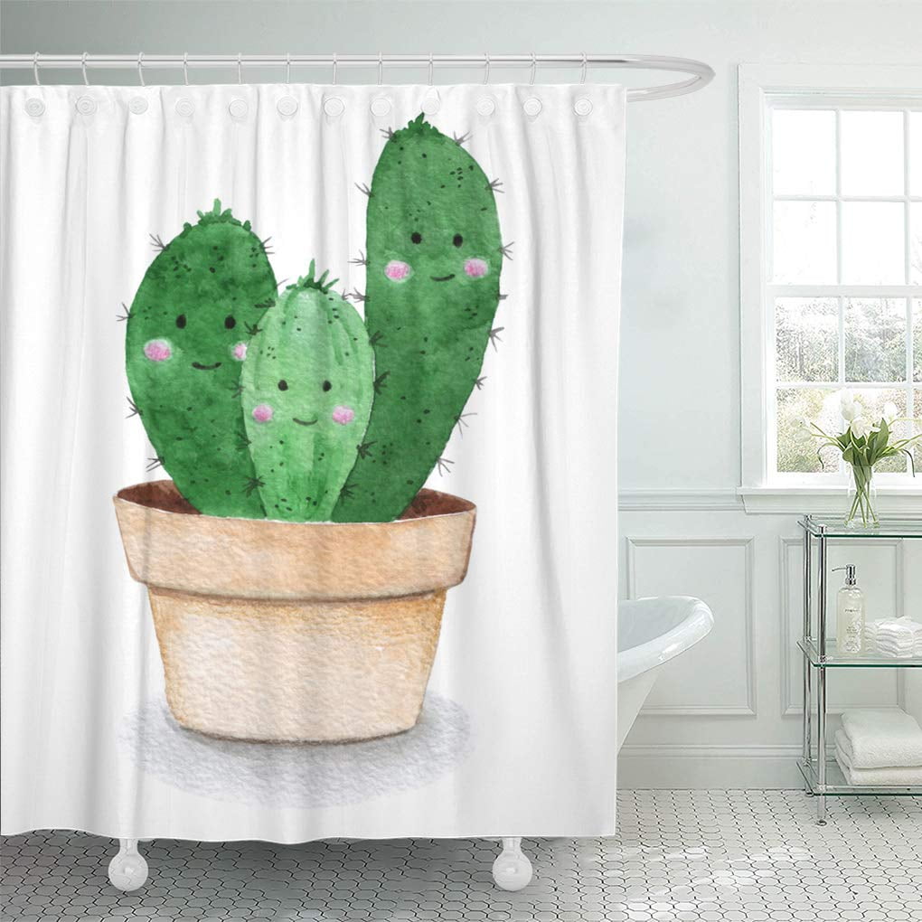 CYNLON Bright Colorful Beauty Cute Cactus Watercolor Hand Green Branch Bathroom Decor Bath