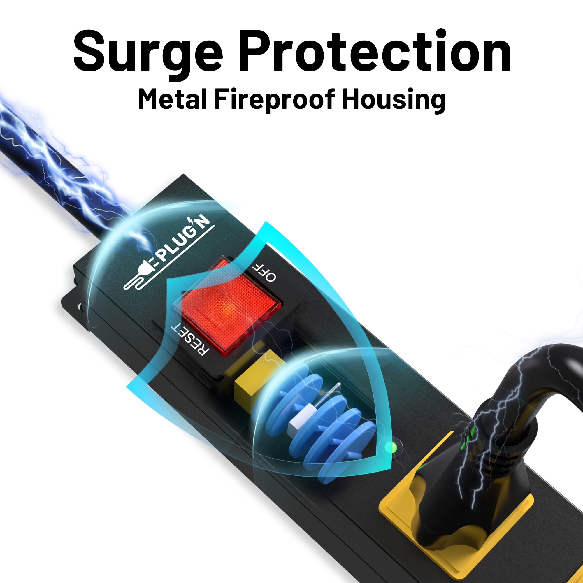6 Outlet Power Strip 2700J Surge Protector, Heavy Duty Power Strips with Flat Plug and 6FT Long Cord, Wall Mountable Metal Outlet Strip for Desk, Garage, Workbench and Kitchen