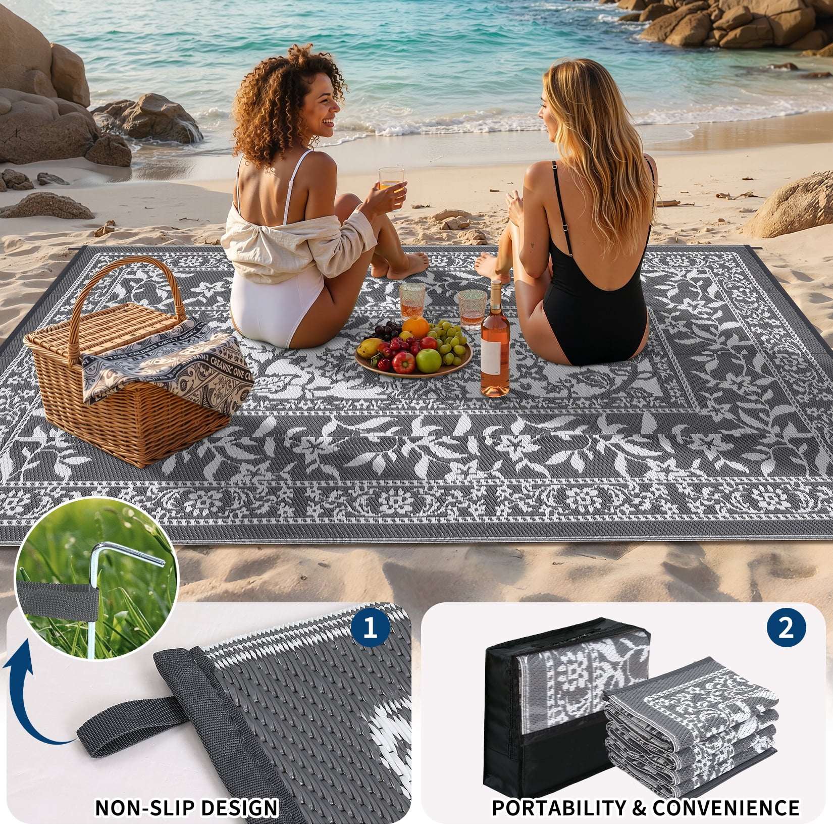 Garvee Outdoor Rug 9x12ft Waterproof Reversible Foldable Plastic Straw Rug, Modern Floral Border Outdoor Mat for Patio, Camping, RV, Deck, Porch, Balcony, Gray/White