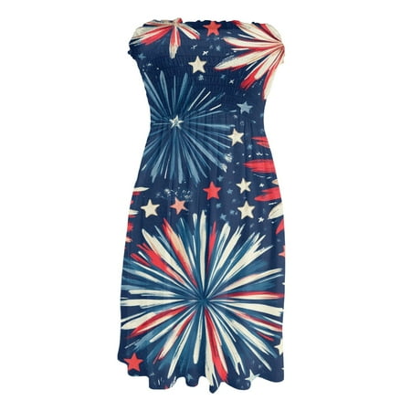 CHCNHAC Beach Dresses for Women 4th Of July Patriotic Dresses American Flag Print Trendy Flowy Swing Strapless Beach Dress Royal Blue M