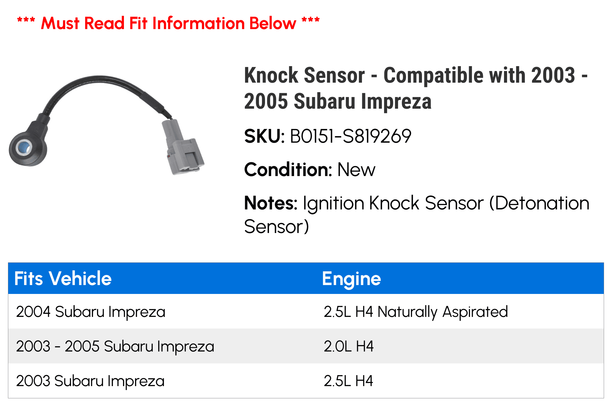 Knock Sensor - Compatible with 2003 - 2005 Subaru Impreza 2004