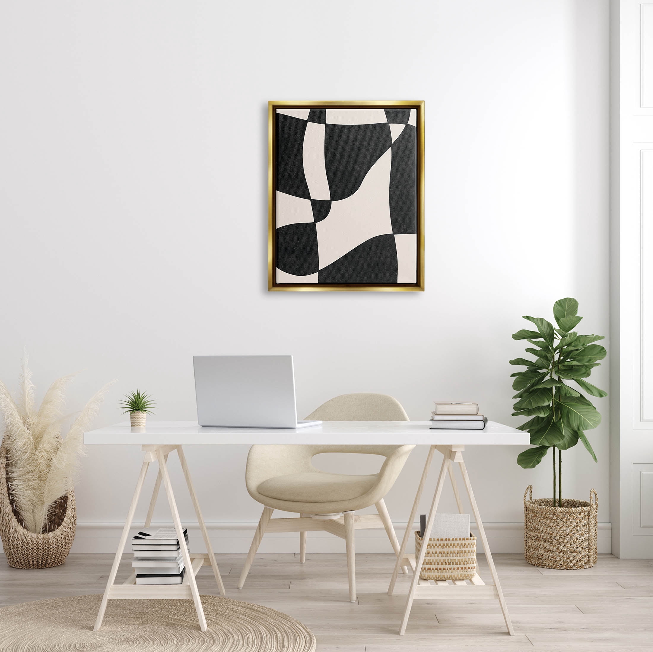 Stupell Industries Retro Wavy Checkered Pattern Shapes Graphic Art Metallic Gold Floating Framed Canvas Print Wall Art, Design by JJ Design House LLC