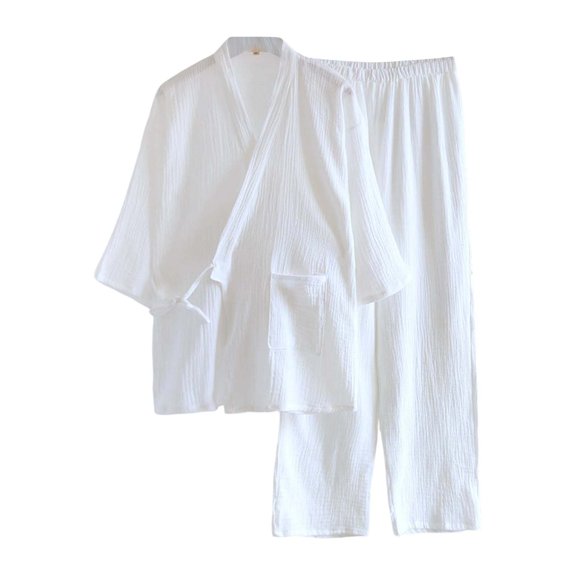 QHFBli Mens Cotton Pajamas Set Stylish 2026 Fall Loungewear Japanese Style Two-Piece Kimono Bathrobe Sleepwear