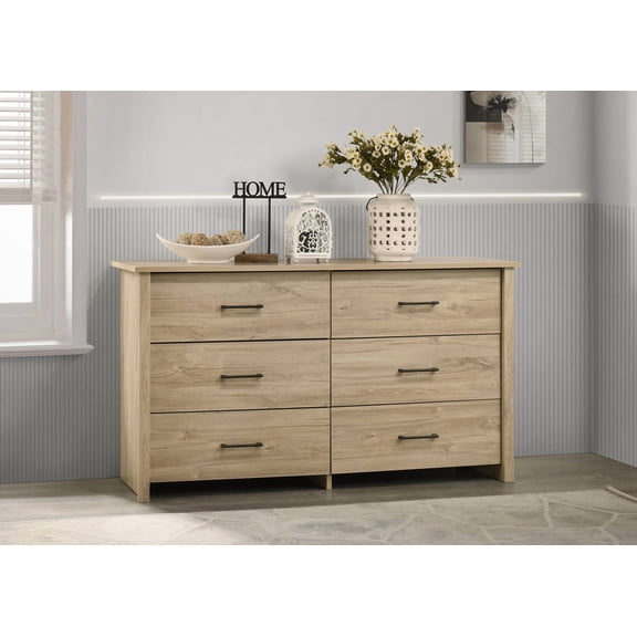 Dtwnek 57"W 6 Drawer Dresser Black Handle, Suitable for Living Room, Bedroom, Light Brown