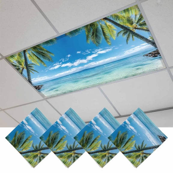 Ocean Magnetic Fluorescent Light Covers for Ceiling Lights 2 x 4 Feet, Summer Palm Trees Blue Sky Beach Scenery Office Classroom Kitchen Drop Ceiling Light Covers Lighting Filters Shade Panel 4 Packs
