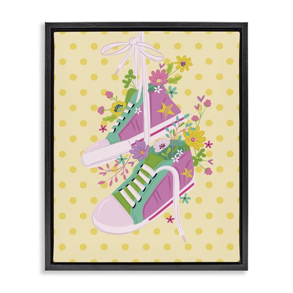 Stupell Industries Contemporary Preppy Floral Sneakers Black Floating Frame Canvas Art, 17 x 21, by Lisa Perry Whitebutton