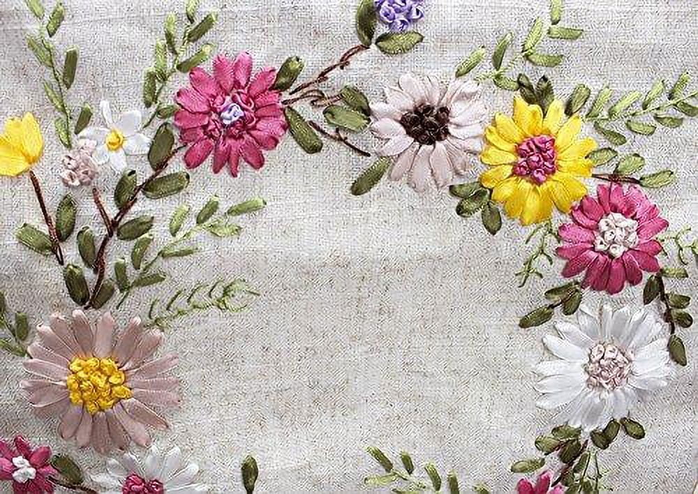 Fennco Styles Handmade Ribbon Embroidery Flower Decorative Linen Table Runner 13 x 72 Inch