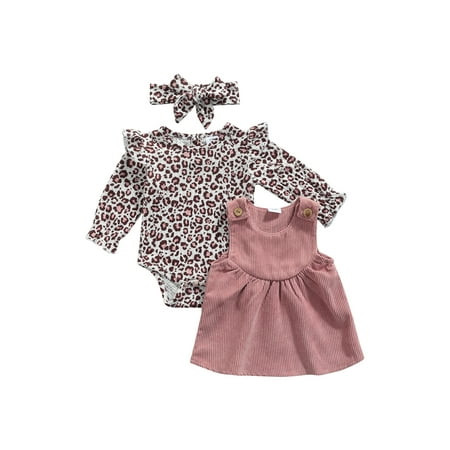

Awoscut Infant Toddler Girl Fall Winter Outfits Long Sleeve Romper Leopard Jumpsuit Corduroy Suspender Skirt