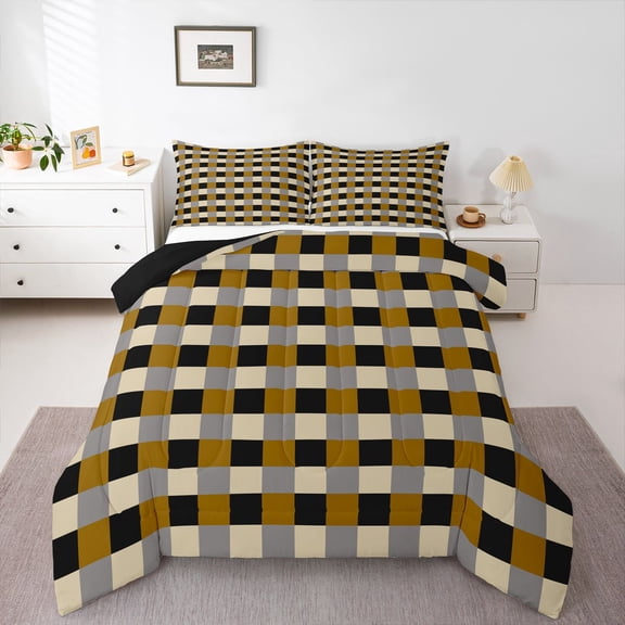 Homewish Minimalist Grid Bedding Comforter Set 2pcs for Kids Teens Adults,Geometric Buffalo Plaid Twin Comforter Sets Microfiber,Black Brown Breathable Bedding Set,Luxury Bedroom Decor,Reversible