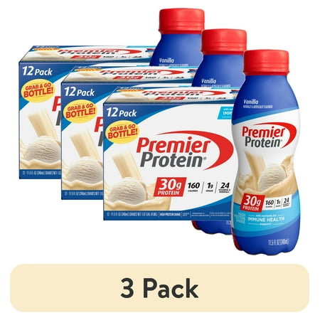 (3 pack) Premier Protein Shake, Vanilla, 30g Protein, 11.5 fl oz, 12 Ct